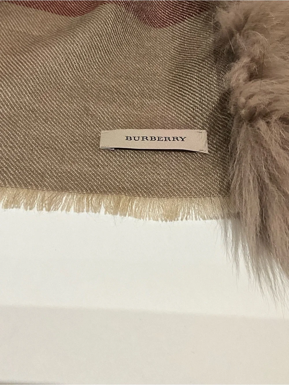BURBERRY FUR TRIM PLAID WRAP / STOLE.